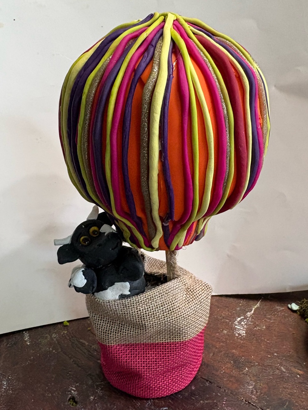 Cow flying his Hot Air Balloon Table Decor with Cow Figure